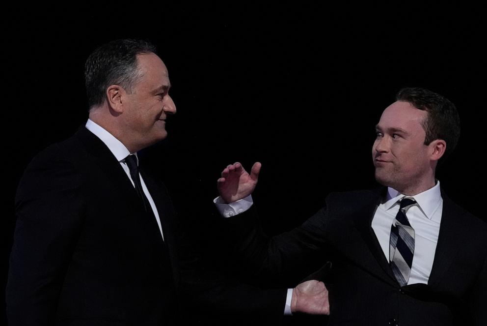 PHOTO: Second gentleman Douglas Emhoff hugs his son Cole Emhoff during the Democratic National Convention, Aug. 20, 2024, in Chicago.