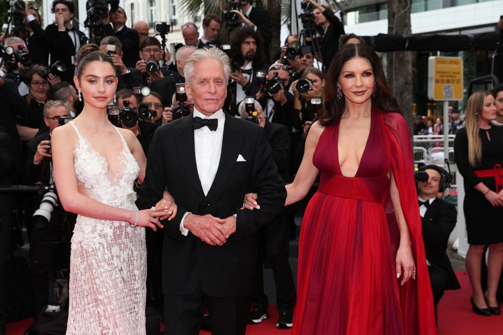 PHOTO: Carys Zeta Douglas, Michael Douglas and Catherine Zeta-Jones attend the "Jeanne du Barry" Screening & opening ceremony red carpet at the 76th annual Cannes film festival at Palais des Festivals on May 16, 2023 in Cannes, France.