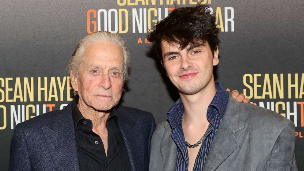 PHOTO: Michael Douglas and Dylan Michael Douglas pose at the opening night of the new play "Goodnight, Oscar" on Broadway at The Belasco Theatre on April 24, 2023 in New York City.