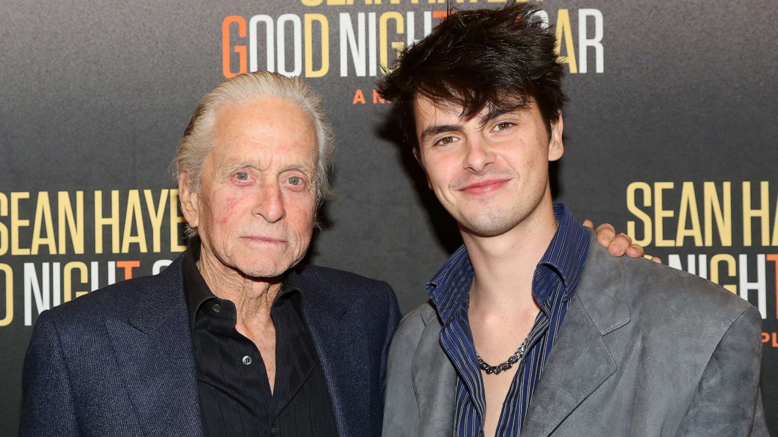 PHOTO: Michael Douglas and Dylan Michael Douglas pose at the opening night of the new play "Goodnight, Oscar" on Broadway at The Belasco Theatre on April 24, 2023 in New York City.