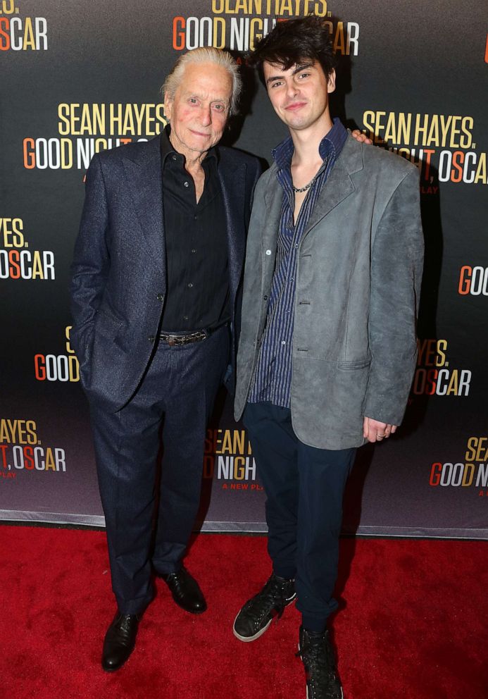 PHOTO: Michael Douglas and Dylan Michael Douglas pose at the opening night of the new play "Goodnight, Oscar" on Broadway at The Belasco Theatre on April 24, 2023 in New York City.