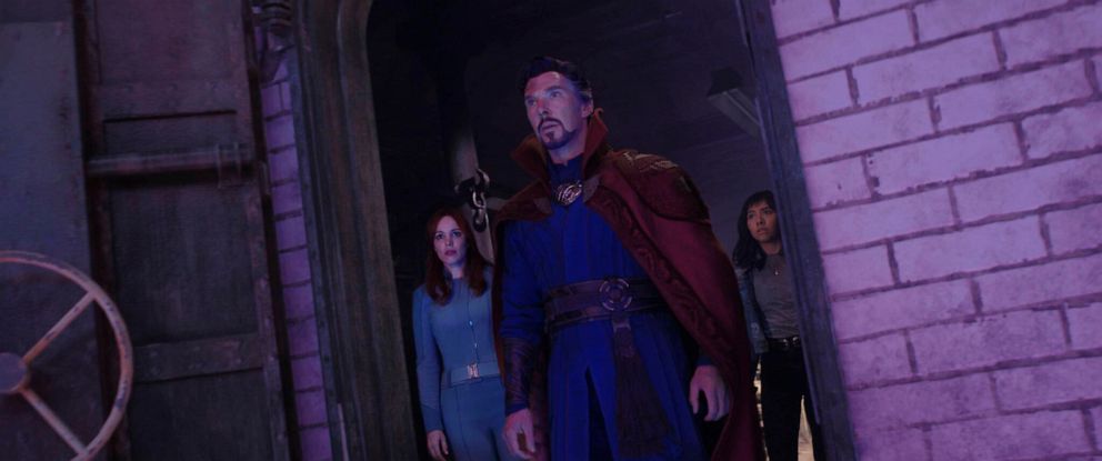 PHOTO: Rachel McAdams as Dr. Christine Palmer, Benedict Cumberbatch as Dr. Stephen Strange, and Xochitl Gomez as America Chavez in Marvel Studios' "Doctor Strange in the Multiverse of Madness."