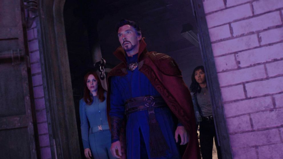 PHOTO: Rachel McAdams as Dr. Christine Palmer, Benedict Cumberbatch as Dr. Stephen Strange, and Xochitl Gomez as America Chavez in Marvel Studios' "Doctor Strange in the Multiverse of Madness."