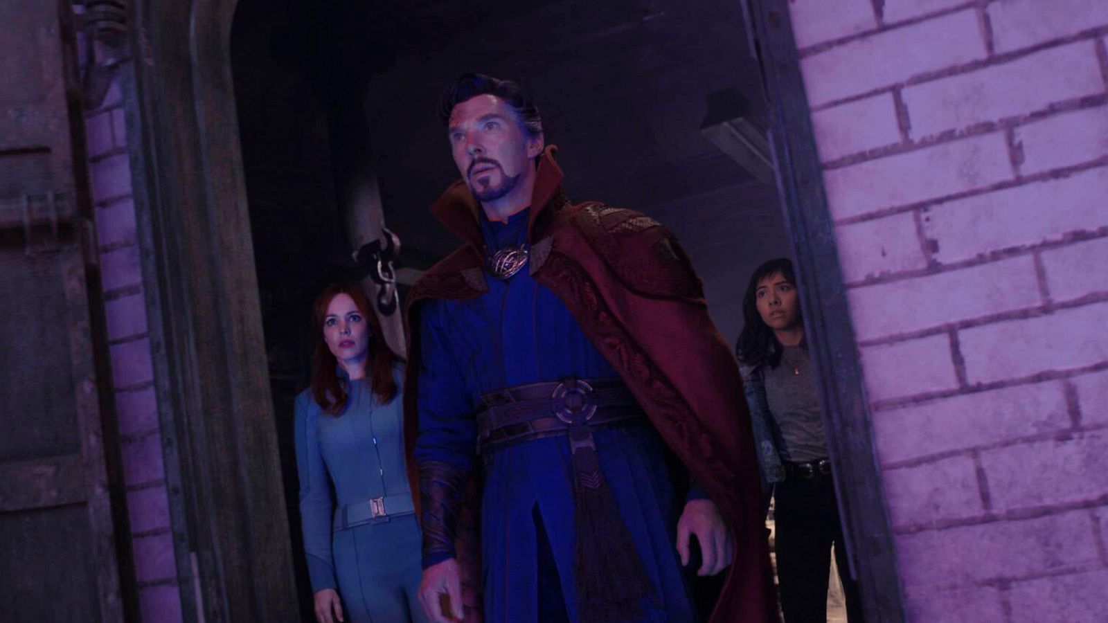 PHOTO: Rachel McAdams as Dr. Christine Palmer, Benedict Cumberbatch as Dr. Stephen Strange, and Xochitl Gomez as America Chavez in Marvel Studios' "Doctor Strange in the Multiverse of Madness."