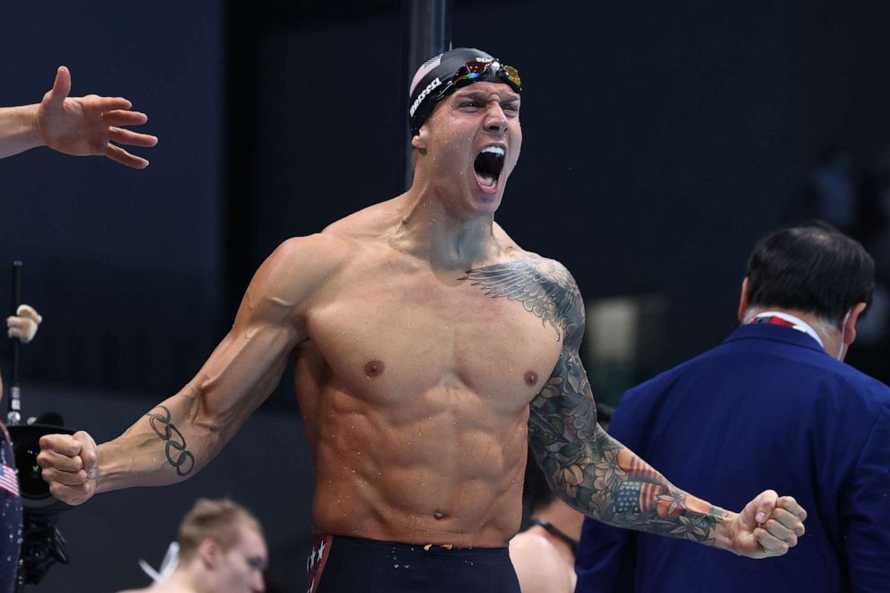 PHOTO: Caeleb Dressel of Team United States reacts after winning the gold medal and breaking the world record in the Men's 4 x 100m Medley Relay Final on day nine of the Tokyo 2020 Olympic Games at Tokyo Aquatics Centre on Aug. 1, 2021 in Tokyo, Japan.