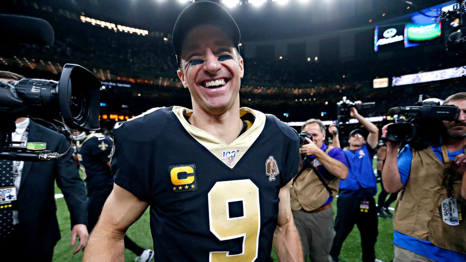 PHOTO: New Orleans Saints quarterback Drew Brees smiles after defeating the Indianapolis Colts 34-7 in an NFL football game in New Orleans, Dec. 16, 2019.