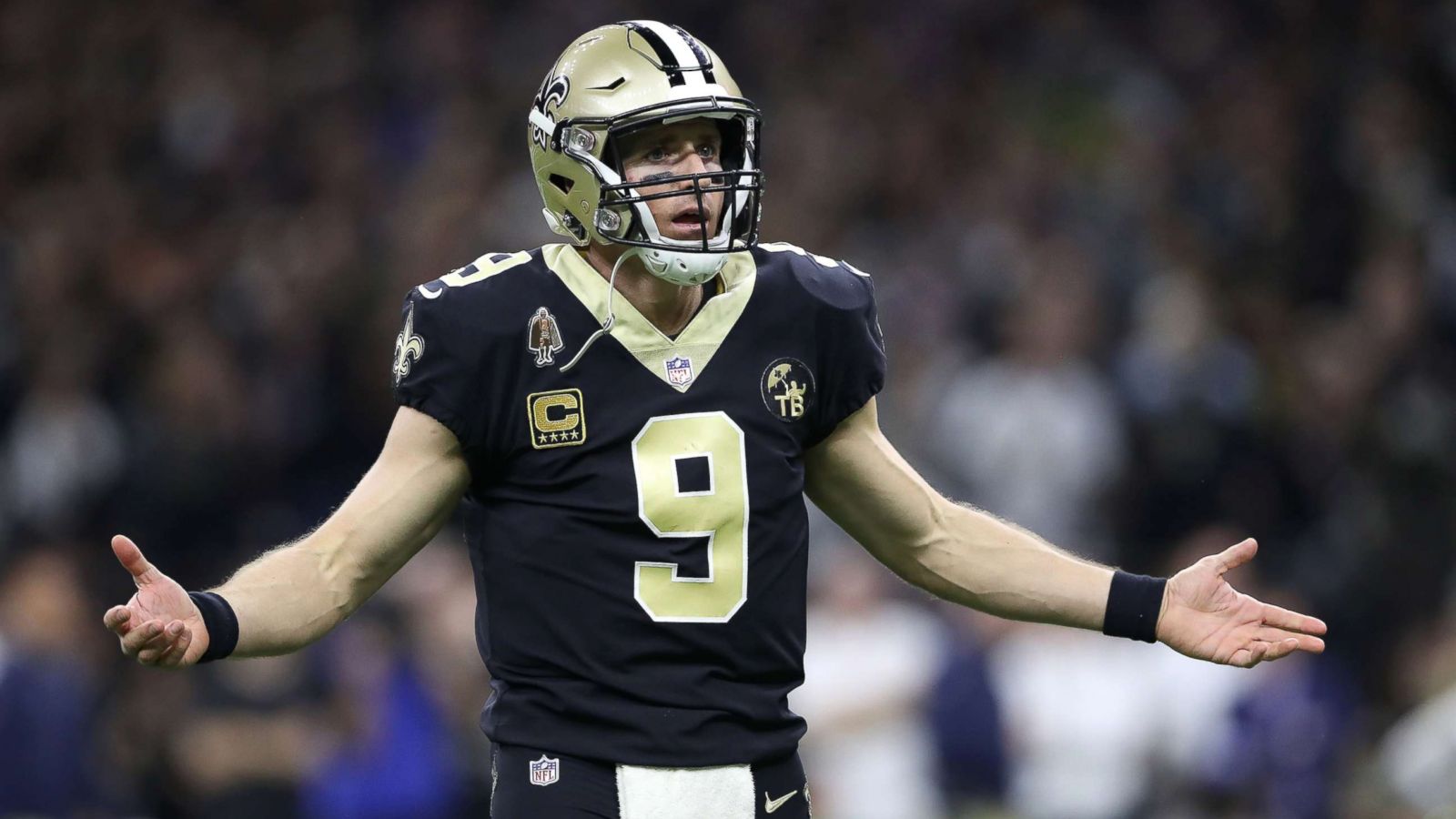 PHOTO: Drew Brees of the New Orleans Saints reacts against the Los Angeles Rams during the fourth quarter in the NFC Championship game at the Mercedes-Benz Superdome, Jan. 20, 2019, in New Orleans.