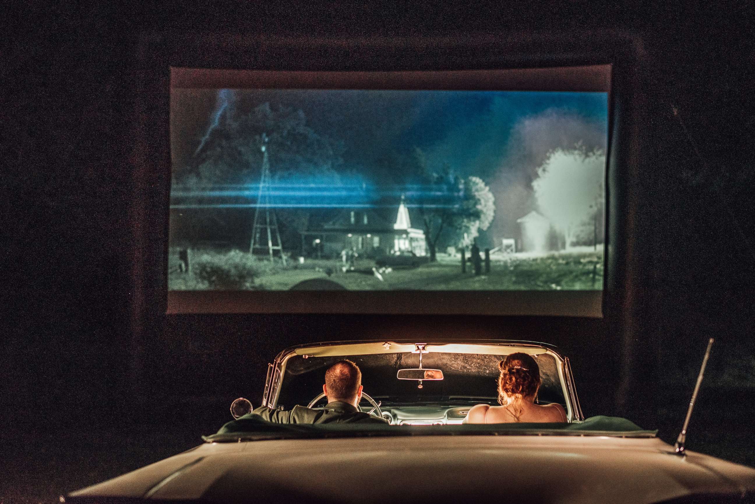 PHOTO: Rachel Borwegen and Andrew Jaworski wed last month in Belvidere, New Jersey. The party, photographed by Abigail Gingerale photography, was complete with a drive-in movie, "Twister," under the stars.