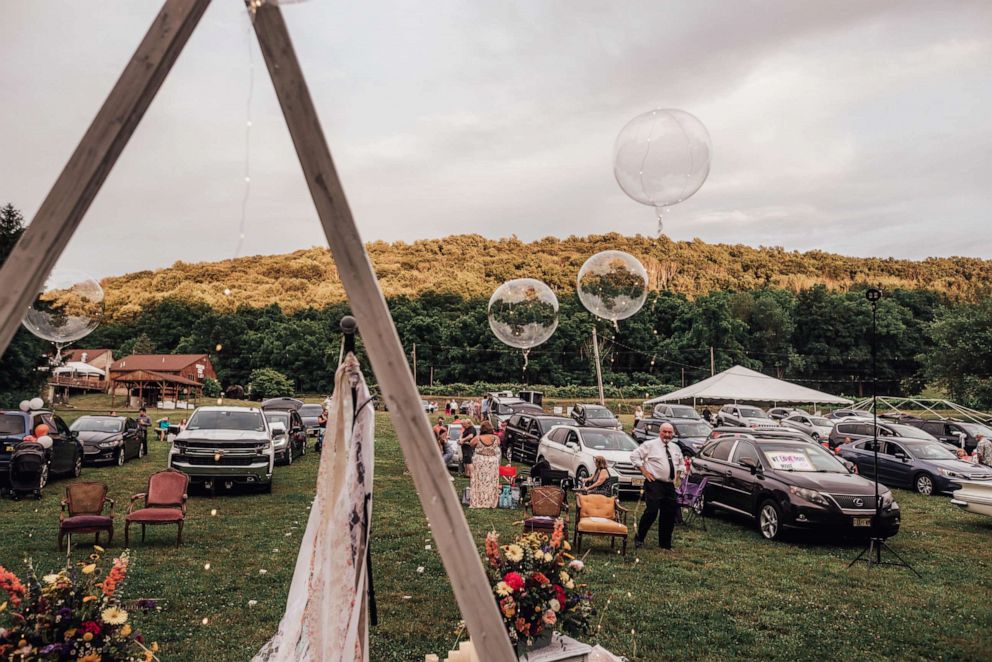 PHOTO: Rachel Borwegen and Andrew Jaworski wed in June 2020 in Belvidere, New Jersey. The party, photographed by Abigail Gingerale photography, was complete with a drive-in movie, taco truck offerings for supper and ice cream for dessert.