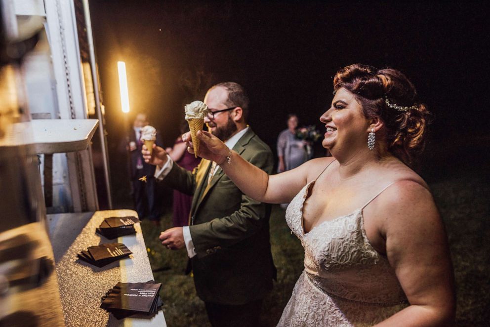 PHOTO: Rachel Borwegen and Andrew Jaworski wed in June 2020 in Belvidere, New Jersey. The party, photographed by Abigail Gingerale photography, was complete with taco truck offerings for supper and ice cream for dessert.