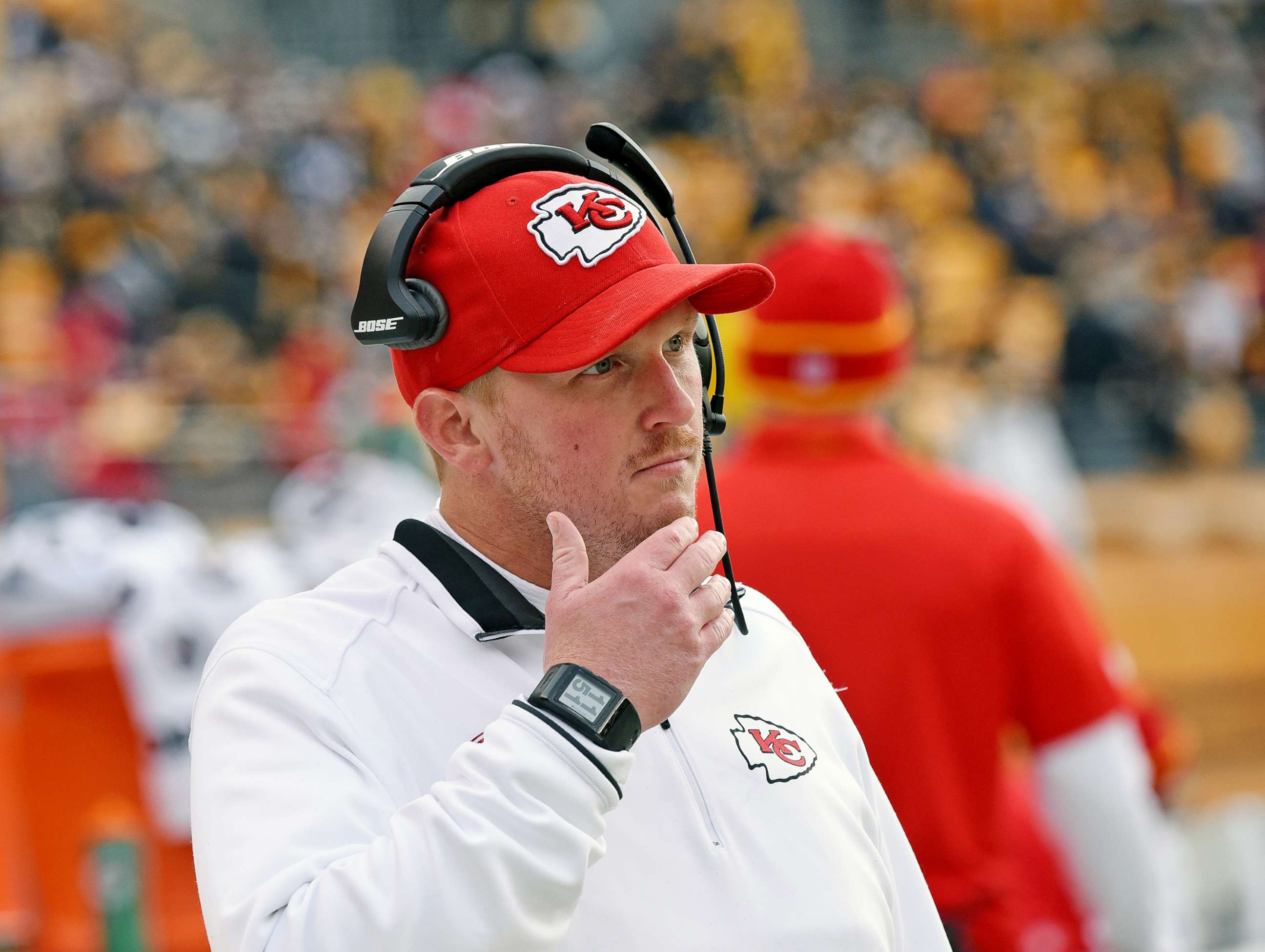 PHOTO: Quality control coach Britt Reid of the Kansas City Chiefs looks on from the sideline before a game in Pittsburgh, Dec. 21, 2014.