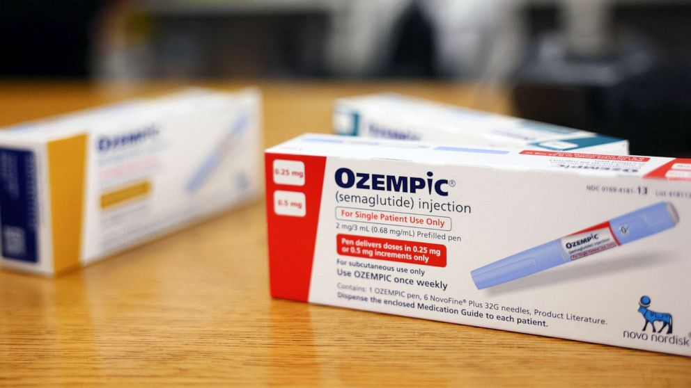 PHOTO: FILE - Boxes of the diabetes drug Ozempic rest on a pharmacy counter, April 17, 2023 in Los Angeles.