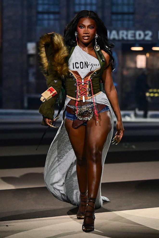 PHOTO: Doechii presents a creation by Dsquared2 for the Womenswear Ready-to-wear Fall-Winter 2025/2026 collection as part of the Milan Fashion Week, Feb. 25, 2025, in Milan.