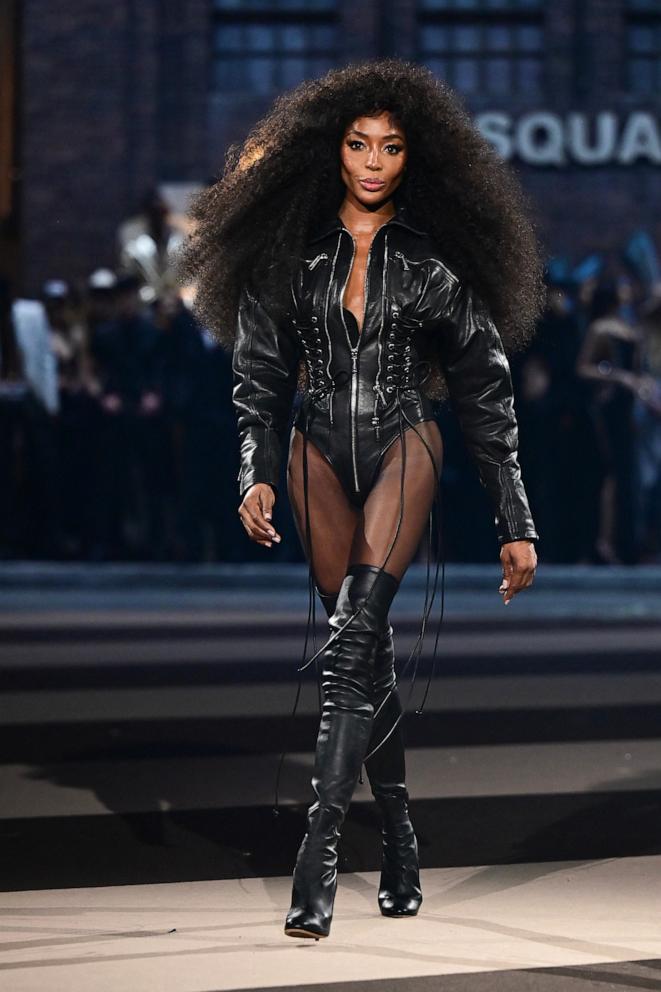 PHOTO: Naomi Campbell presents a creation by Dsquared2 for the Womenswear Ready-to-wear Fall-Winter 2025/2026 collection as part of the Milan Fashion Week, Feb. 25, 2025, in Milan.