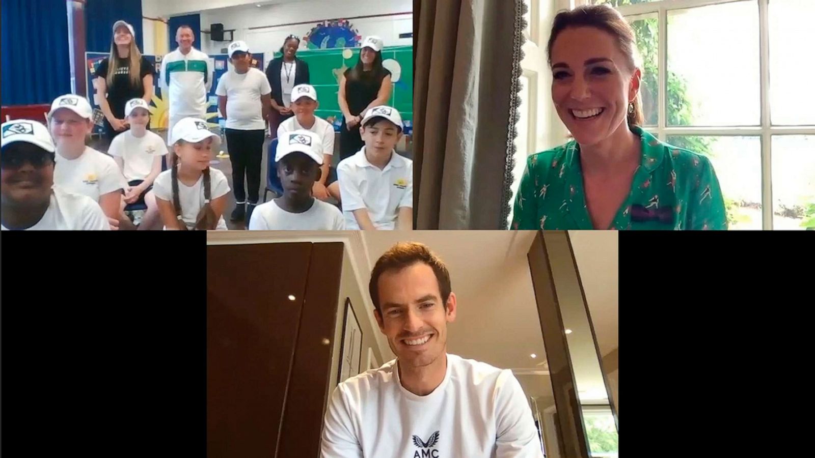 PHOTO: In this undated handout photo provided by Kensington Palace, Britain's Catherine, Duchess of Cambridge and Andy Murray attend a video call with pupils from Bond Primary School in Mitcham, England.