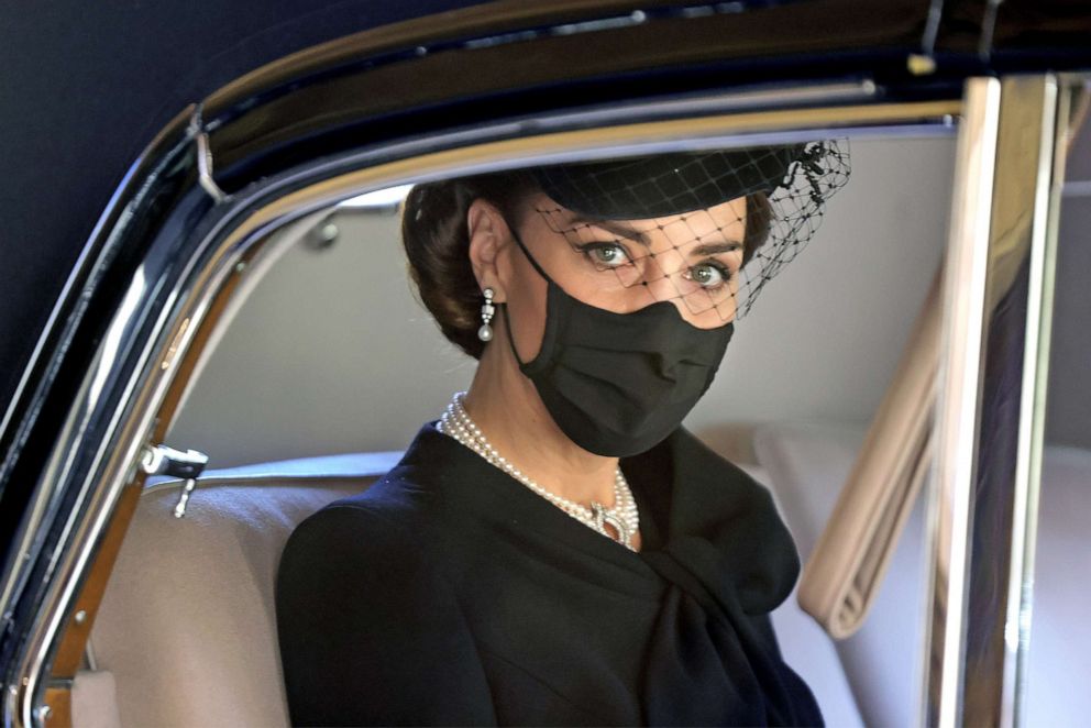 PHOTO: Catherine, Duchess of Cambridge is pictured while attending the funeral of Prince Philip, Duke of Edinburgh at Windsor Castle on April 17, 2021 in Windsor, England.