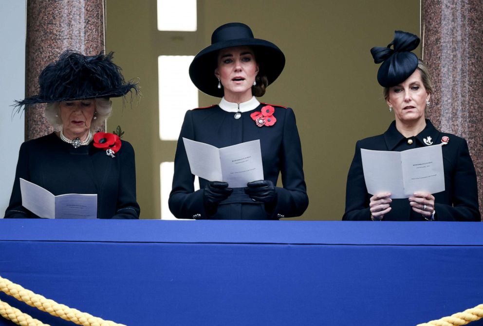 PHOTO: Camilla, Duchess of Cornwall, Catherine, Duchess of Cambridge and Sophie, Countess of Wessex, attend the annual National Service of Remembrance in Whitehall, London, Nov. 14, 2021.