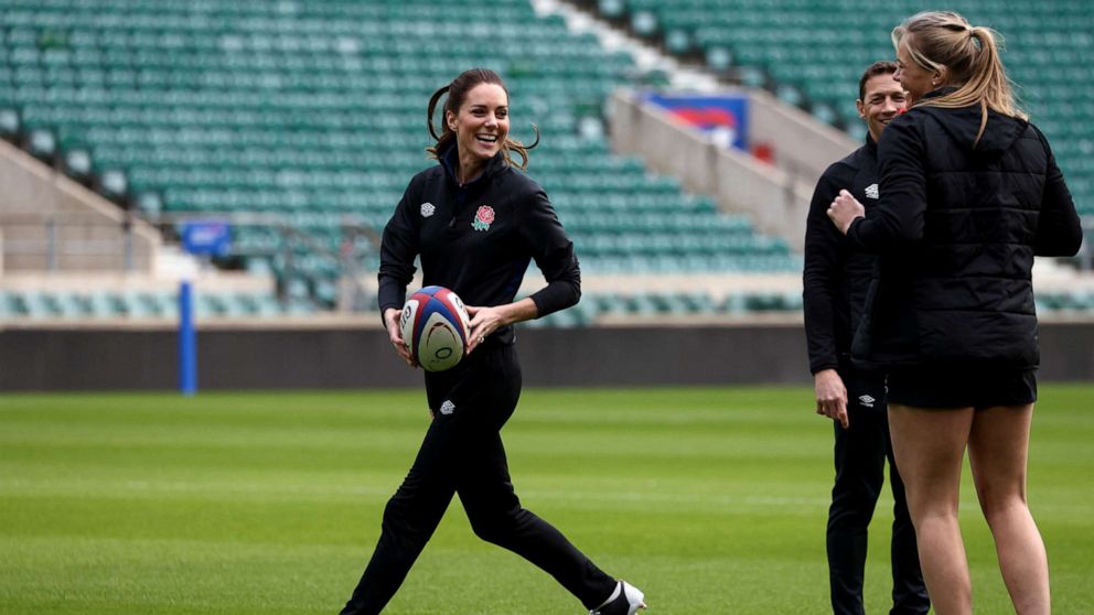 PHOTO: Britain's Catherine, Duchess of Cambridge, attends an England Rugby training session at Twickenham Stadium in London, Feb. 2, 2022.