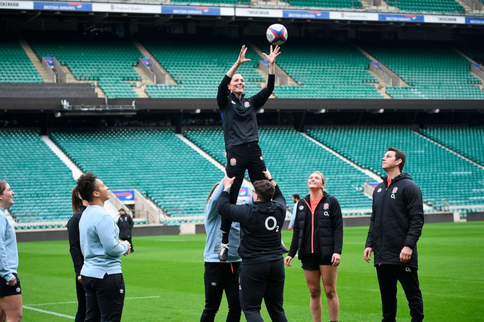 PHOTO: Britain's Kate, Duchess of Cambridge, is lifted up in a line-out as she plays rugby in her new role as Patron of the Rugby Football Union, in Twickenham Stadium, in London, Feb. 2, 2022.