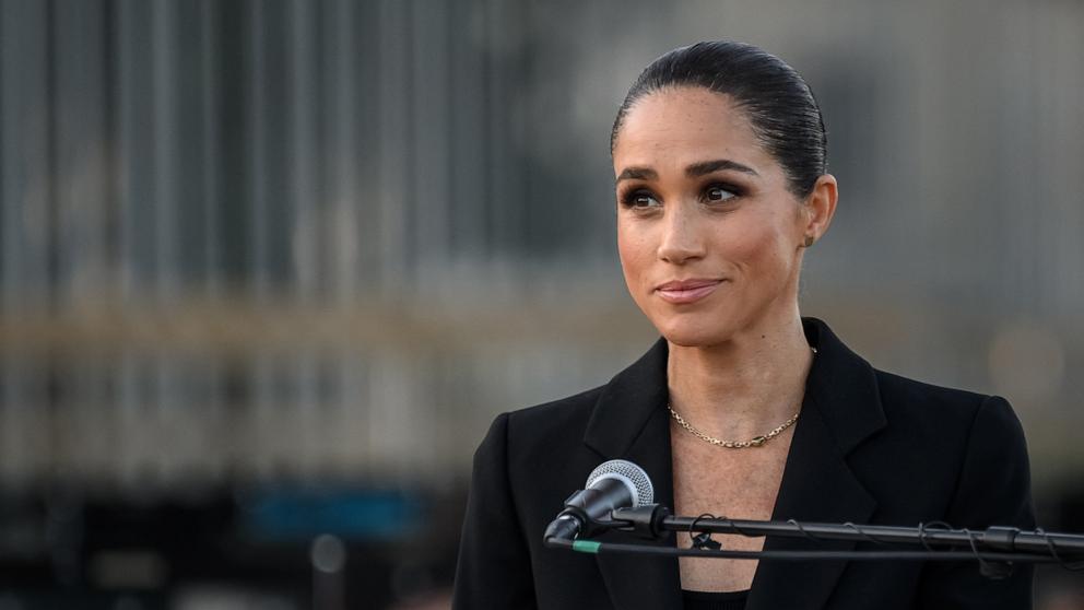 PHOTO: Meghan, the Duchess of Sussex delivers a speech in Geneva, on May 17, 2026.