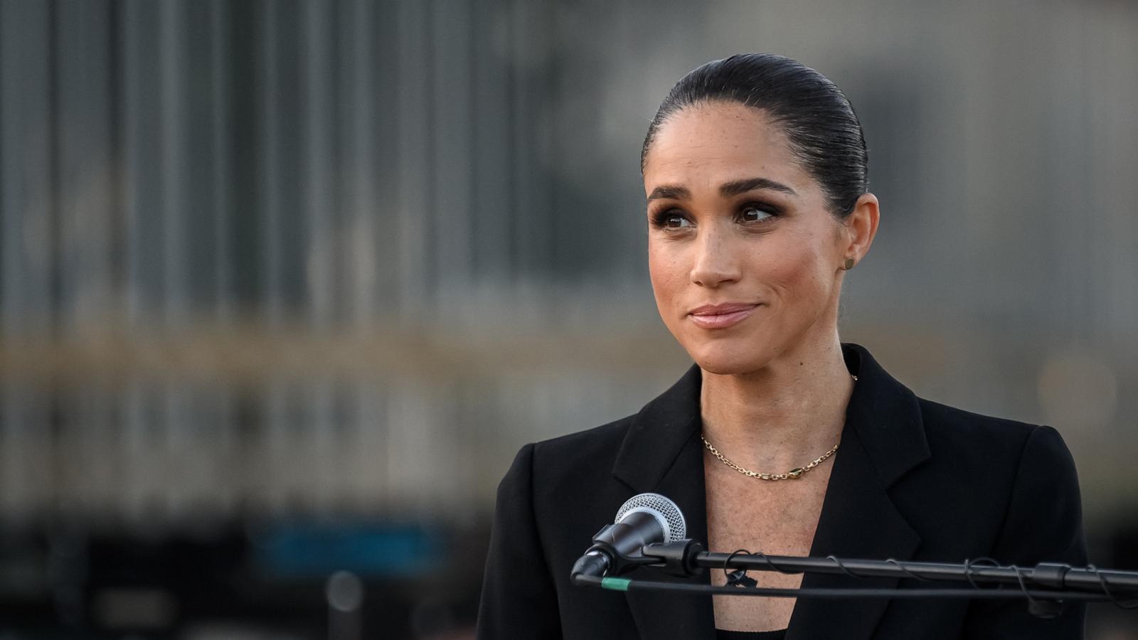 PHOTO: Meghan, the Duchess of Sussex delivers a speech in Geneva, on May 17, 2026.