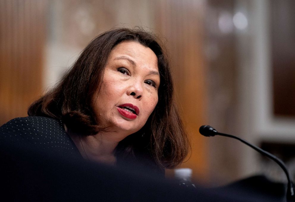 PHOTO: Sen. Tammy Duckworth speaks during a Senate Armed Services Committee hearing on Capitol Hill, Sept. 28, 2021 in Washington.