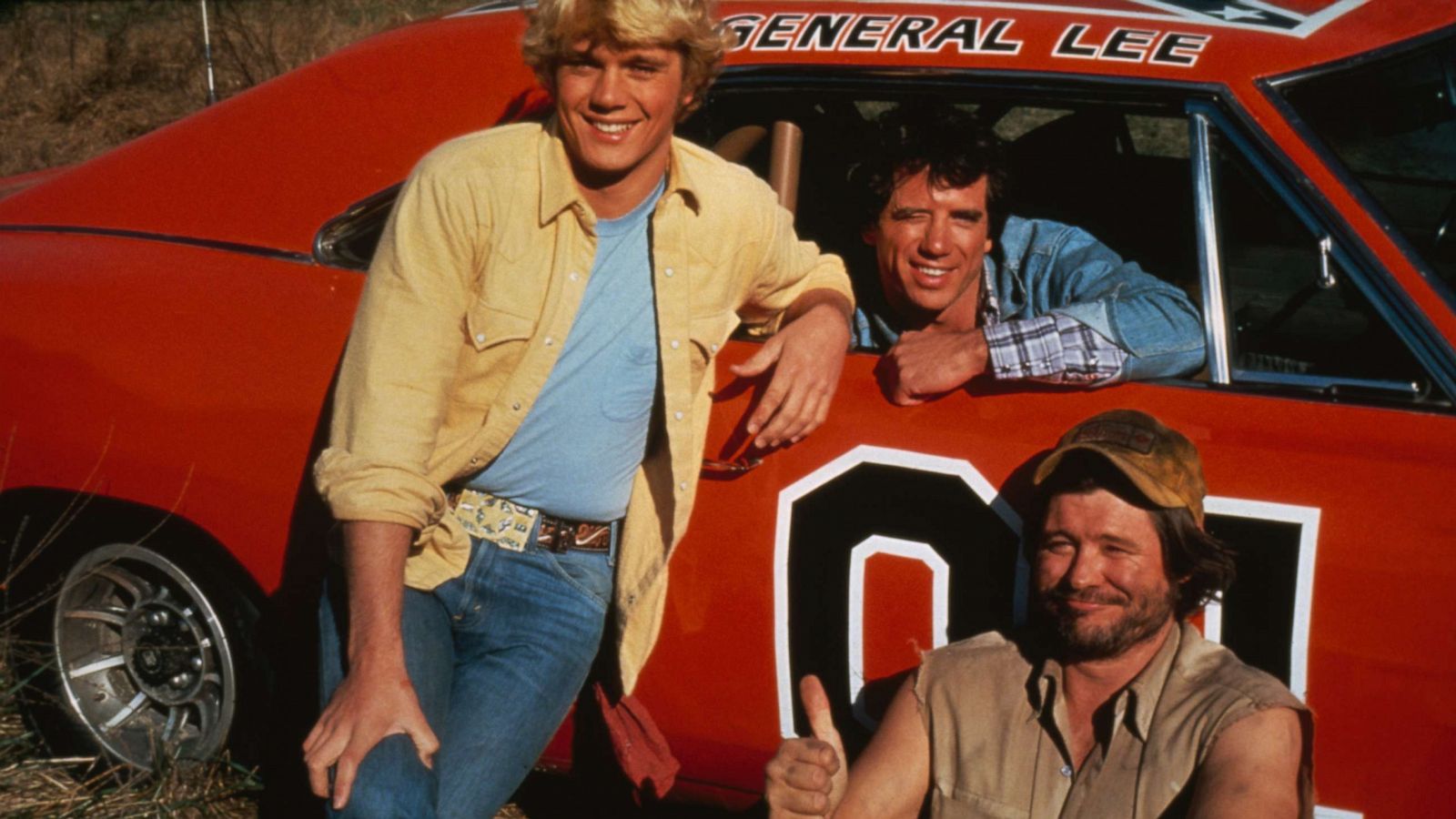 PHOTO: American actors John Schneider, Tom Wopat and Ben Jones as Bo Duke, Luke Duke and Cooter, respectively, in the TV series "The Dukes of Hazzard", circa 1983.