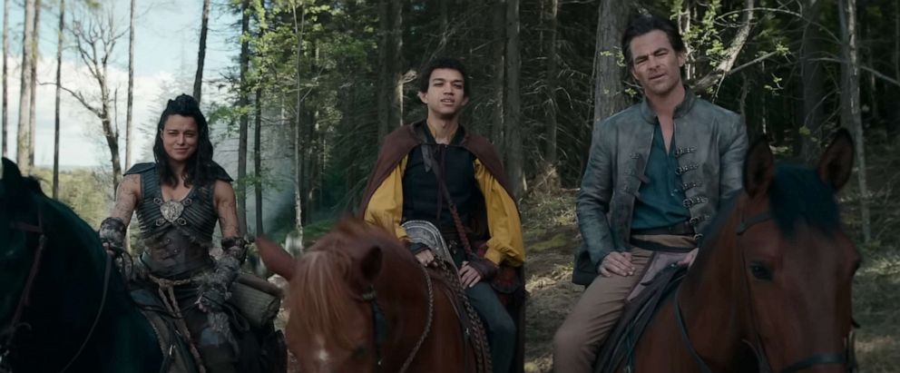 PHOTO: Scene from Dungeons & Dragons: Honor Among Thieves movie trailer featuring Michelle Rodriguez, Justice Smith, and Chris Pine.