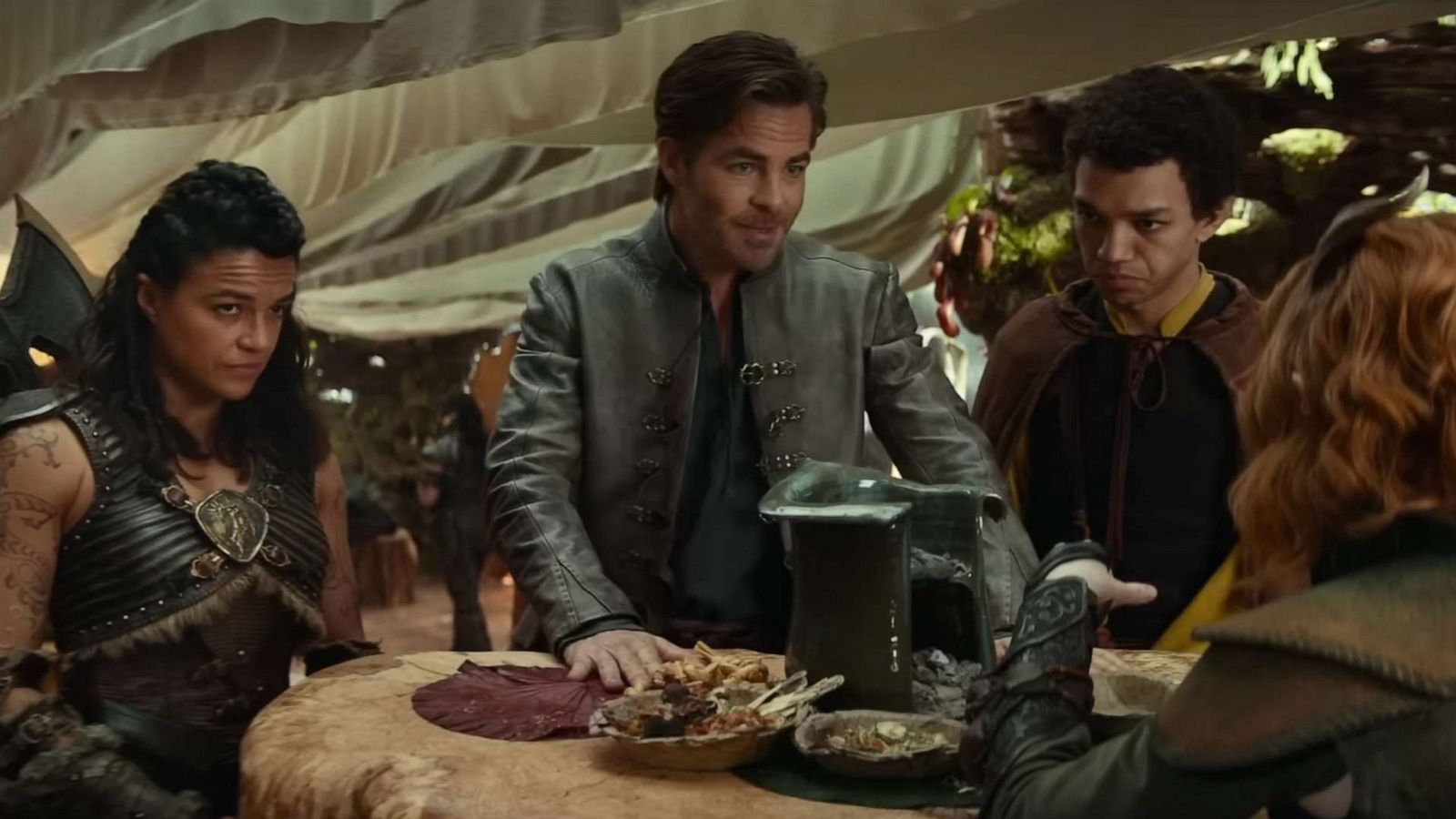 PHOTO: Scene from Dungeons & Dragons: Honor Among Thieves movie trailer featuring Michelle Rodriguez, Chris Pine, and Justice Smith.