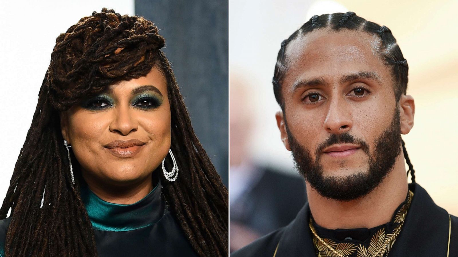 PHOTO: Ava DuVernay appears at the Vanity Fair Oscar Party in Beverly Hills, Calif. on Feb. 9, 2020, left, and Colin Kaepernick attends The Metropolitan Museum of Art's Costume Institute benefit gala in New York on May 6, 2019.