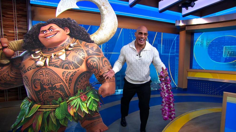 PHOTO: Dwayne Johnson, voice of Maui in Disney's new movie, Moana 2, appears on Good Morning America, Nov. 11, 2204.