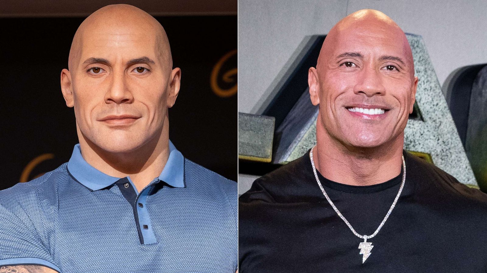 PHOTO: The Dwayne Johnson wax figure (left) is unveiled at Musee Grevin on October 16, 2023 in Paris, France.