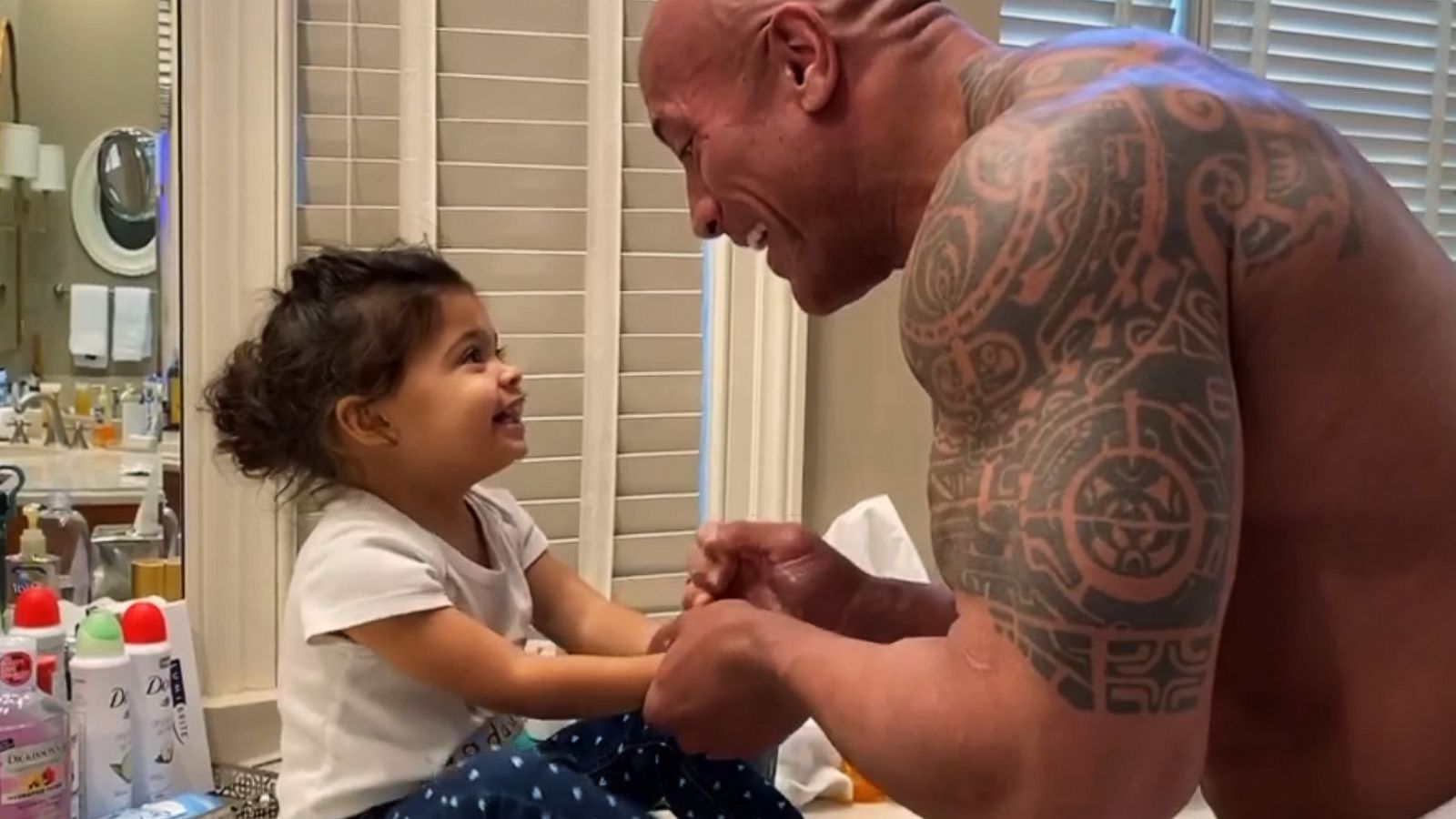 PHOTO: Dwayne Johnson sings a song to his daughter Tia while washing her hands in a video posted to his Instagram account on April 2, 2020.