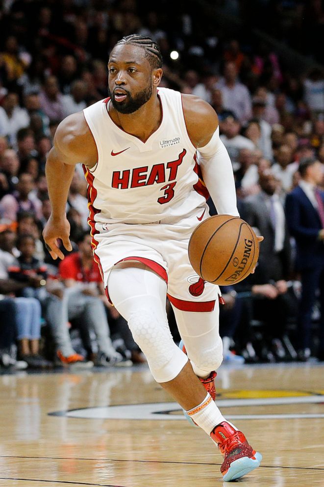 PHOTO: In this April, 9, 2019, file photo, Dwyane Wade of the Miami Heat is shown in action against the Philadelphia 76ers during the second half at American Airlines Arena in Miami.