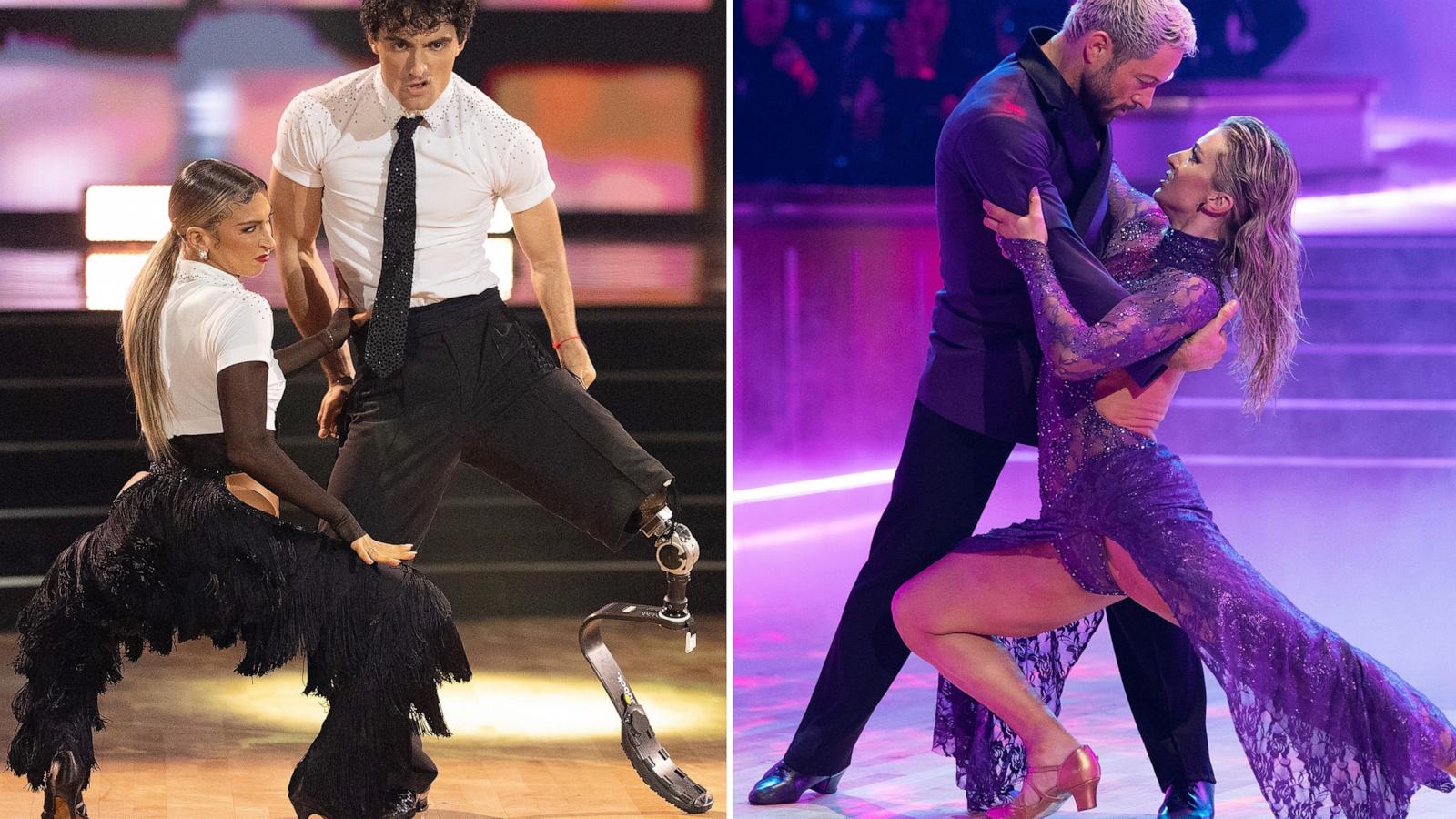 PHOTO: Daniella Karagach and Ezra Frech (L) on week 2 of "Dancing with the Stars" and Amber Glenn and Pasha Pashkov on week 2 of "Dancing with the Stars" viral hits night.