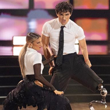 PHOTO: Daniella Karagach and Ezra Frech (L) on week 2 of "Dancing with the Stars" and Amber Glenn and Pasha Pashkov on week 2 of "Dancing with the Stars" viral hits night.