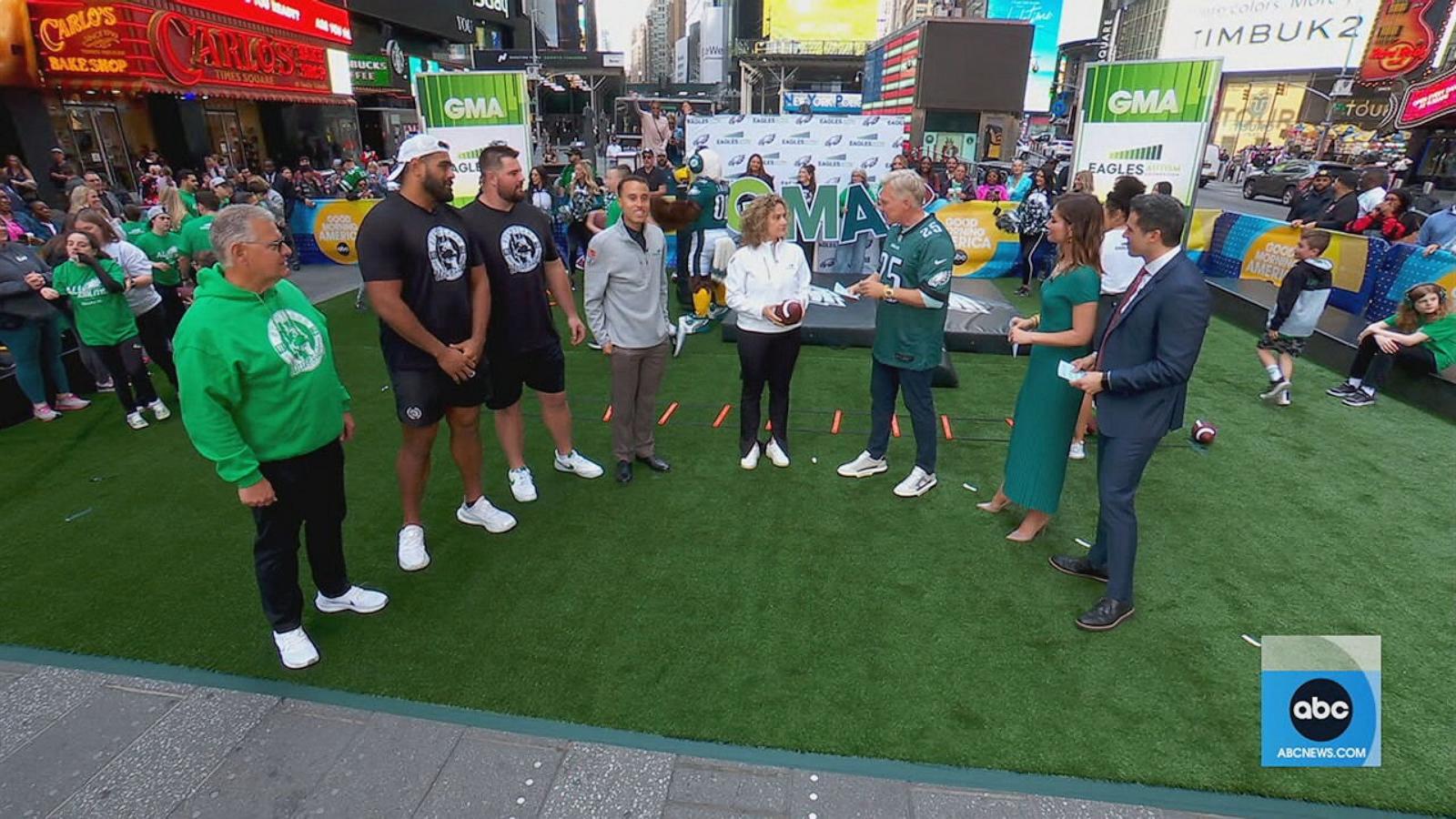 PHOTO: Philadelphia Eagles' players, coaches and cheerleaders appear on "Good Morning America" on April 25, 2025, to shine a spotlight on their work with kids with autism.