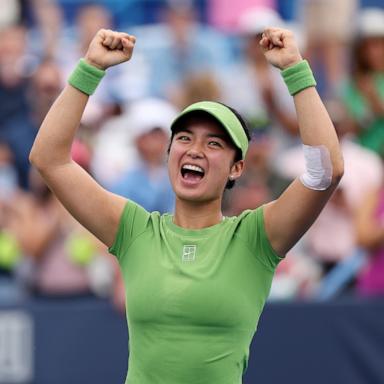 PHOTO: Alexandra Eala celebrates after winning a women's singles match against Naomi Osaka of Japan on day six of the Mubadala DC Open 2026 at William H.G. FitzGerald Tennis Center on August 01, 2026 in Washington, DC.