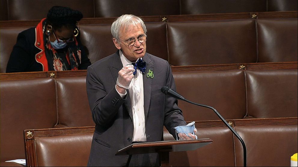 PHOTO: In this April 23, 2020, file image from video, Rep. Earl Blumenauer speaks on the floor of the House of Representatives at the U.S. Capitol in Washington.