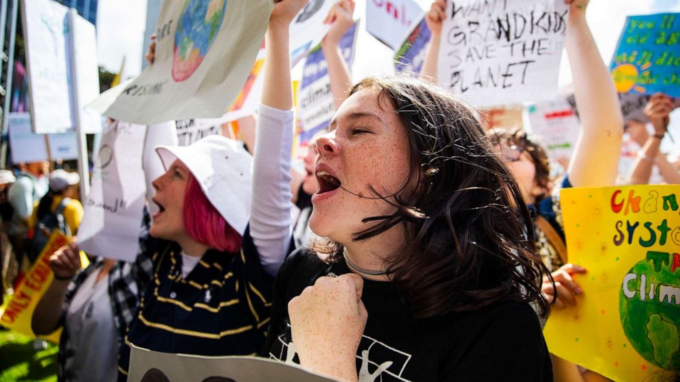 PHOTO: Swedish climate activist Greta Thunberg delivers brief remarks surrounded by other student environmental advocates during a strike to demand action be taken on climate change outside the White House, Sept. 13, 2019, in Washington.