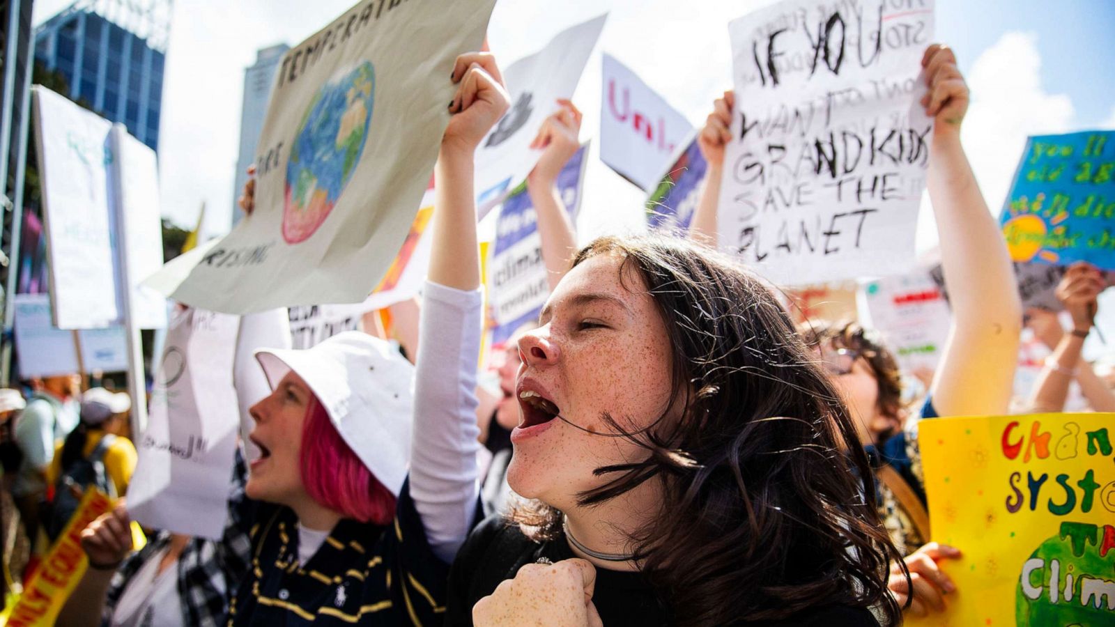 PHOTO: Young girls protest in The Domain ahead of a climate strike rally, Sept. 20, 2019, in Sydney, Australia.