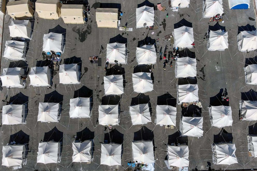 PHOTO: An aerial picture shows a make-shift shelter for people who were left homeless, near the rebel-held town of Jindayris, Feb. 9, 2023, two days after a deadly earthquake hit Turkey and Syria.
