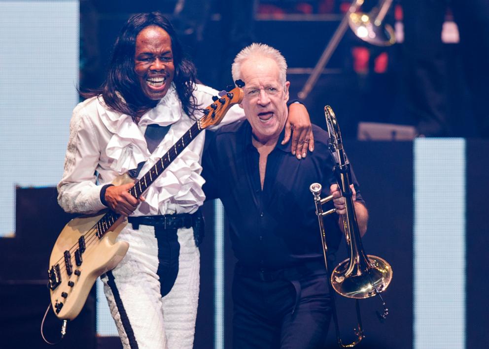 PHOTO: (L-R) Musician Verdine White of Earth Wind And Fire and Songwriter James Pankow of rock band Chicago performs on stage at Rogers Arena on Nov. 7, 2016 in Vancouver, Canada.