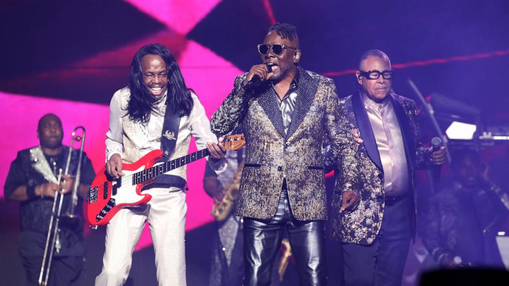 PHOTO: (L-R) Verdine White, Philip Bailey, and Ralph Johnson of Earth, Wind & Fire perform during the "Sing A Song All Night Long" Tour stop at Scotiabank Arena on Aug. 08, 2023 in Toronto, Ontario. 