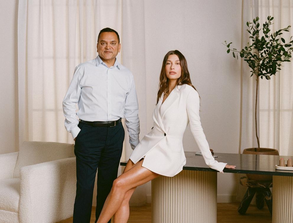 PHOTO: e.l.f. Beauty Chairman and CEO Tarang Amin and rhode Founder Hailey Bieber.