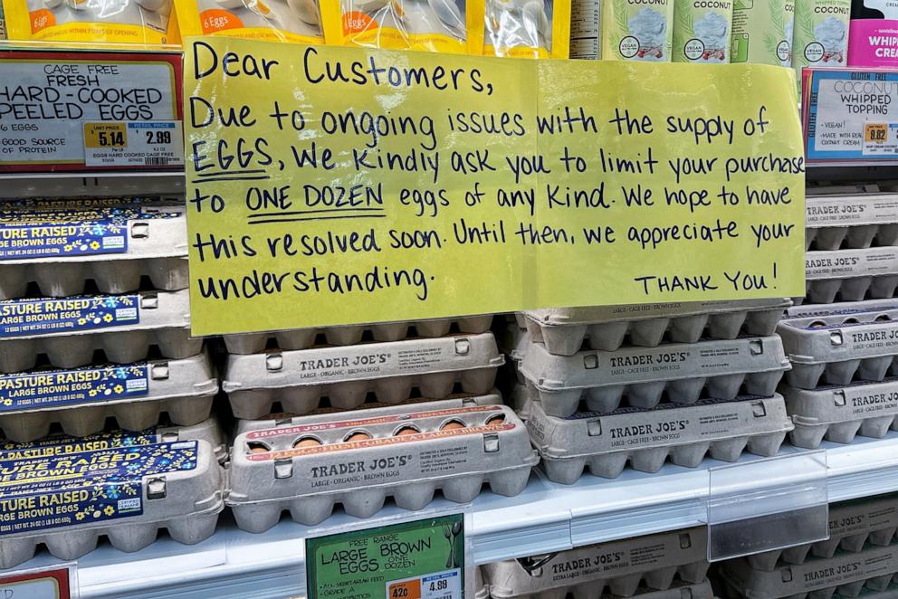 PHOTO: A sign for customers shopping for eggs at Trader Joe's hangs by cartons of eggs in Merrick, N.Y., Feb. 10, 2025. 