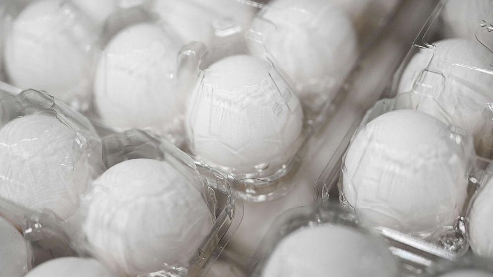 PHOTO: Eggs are displayed for sale at a Costco store in Hawthorne, California on January 26, 2023.