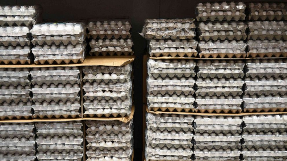 PHOTO: Eggs are displayed for sale inside a Costco store in Hawthorne, Calif., on Jan. 26, 2023.