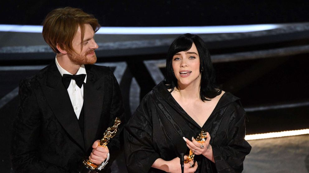 PHOTO: Finneas O'Connell and Billie Eilish accept the award for Best Music (Original Song) for "No Time to Die" onstage during the 94th Oscars at the Dolby Theatre in Hollywood, Calif., March 27, 2022.