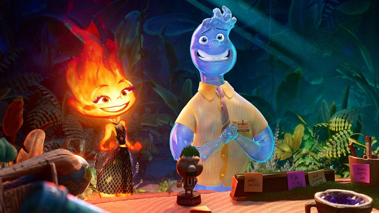 PHOTO: Mamoudou Athie and Leah Lewis lend their voices as Wade and Ember in the Pixar feature "Elemental".